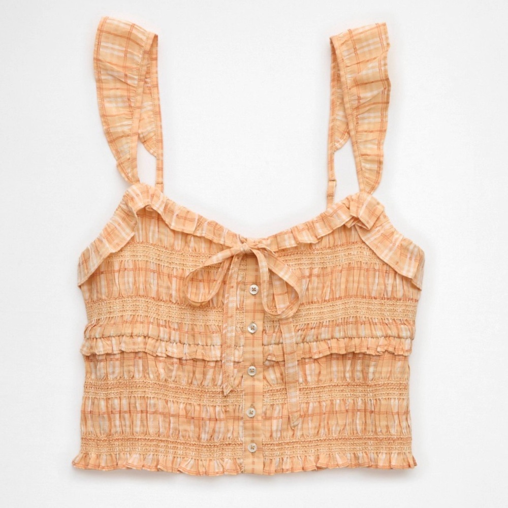 NWT Orange Plaid American Eagle Smocked Ruffle Tank Top - Medium